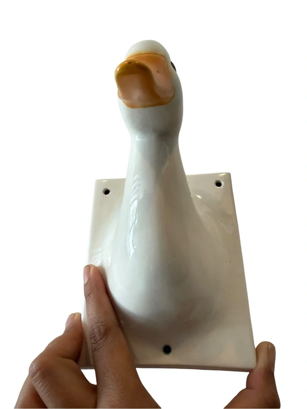 White Ceramic Duck Goose Wall Hook with Yellow Beak - Vintage Decorative Hanger